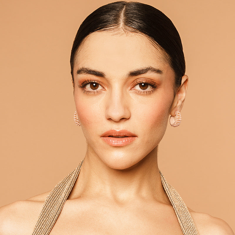 Model wearing our Deepa by Deepa Gurnani Handmade Davon Earrings in Dusty Pink color