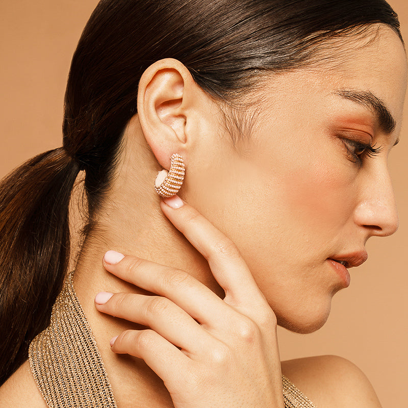 Model wearing our Deepa by Deepa Gurnani Handmade Davon Earrings in Dusty Pink color