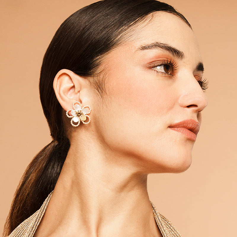 Model Wearing Deepa by Deepa Gurnani Handmade Hattie Earrings In Ivory Color