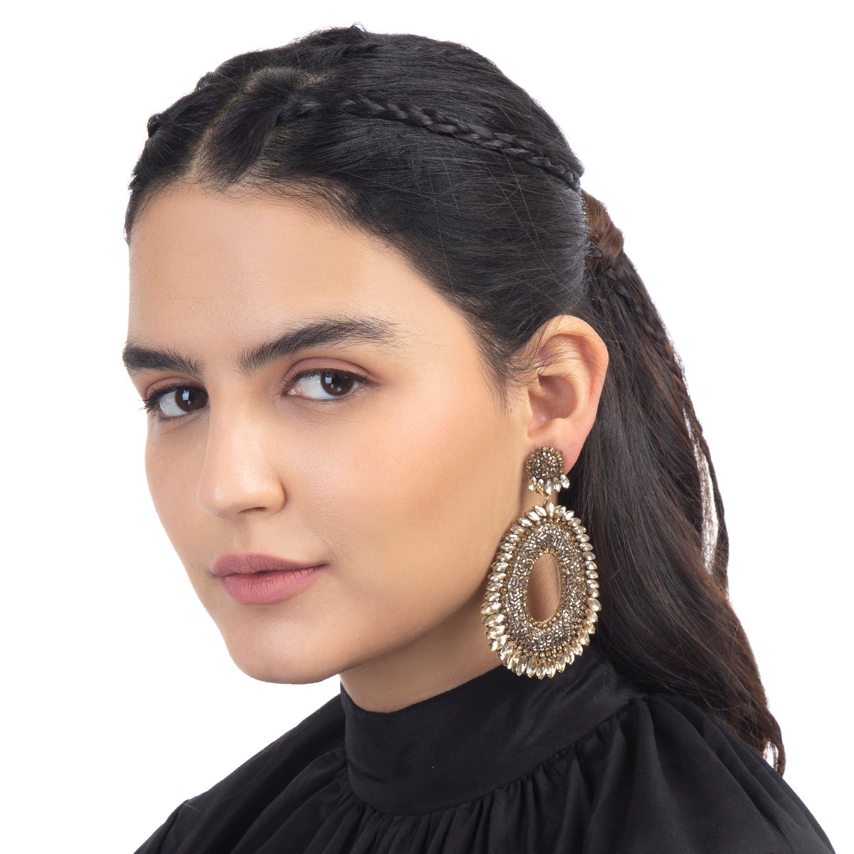 Model wearings large crystal handmade statement earrings