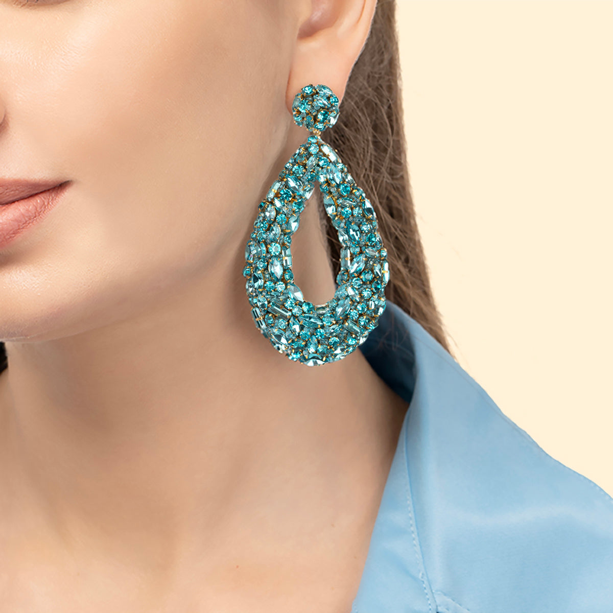 Model wearing handmade luxury crystal Karen Earrings