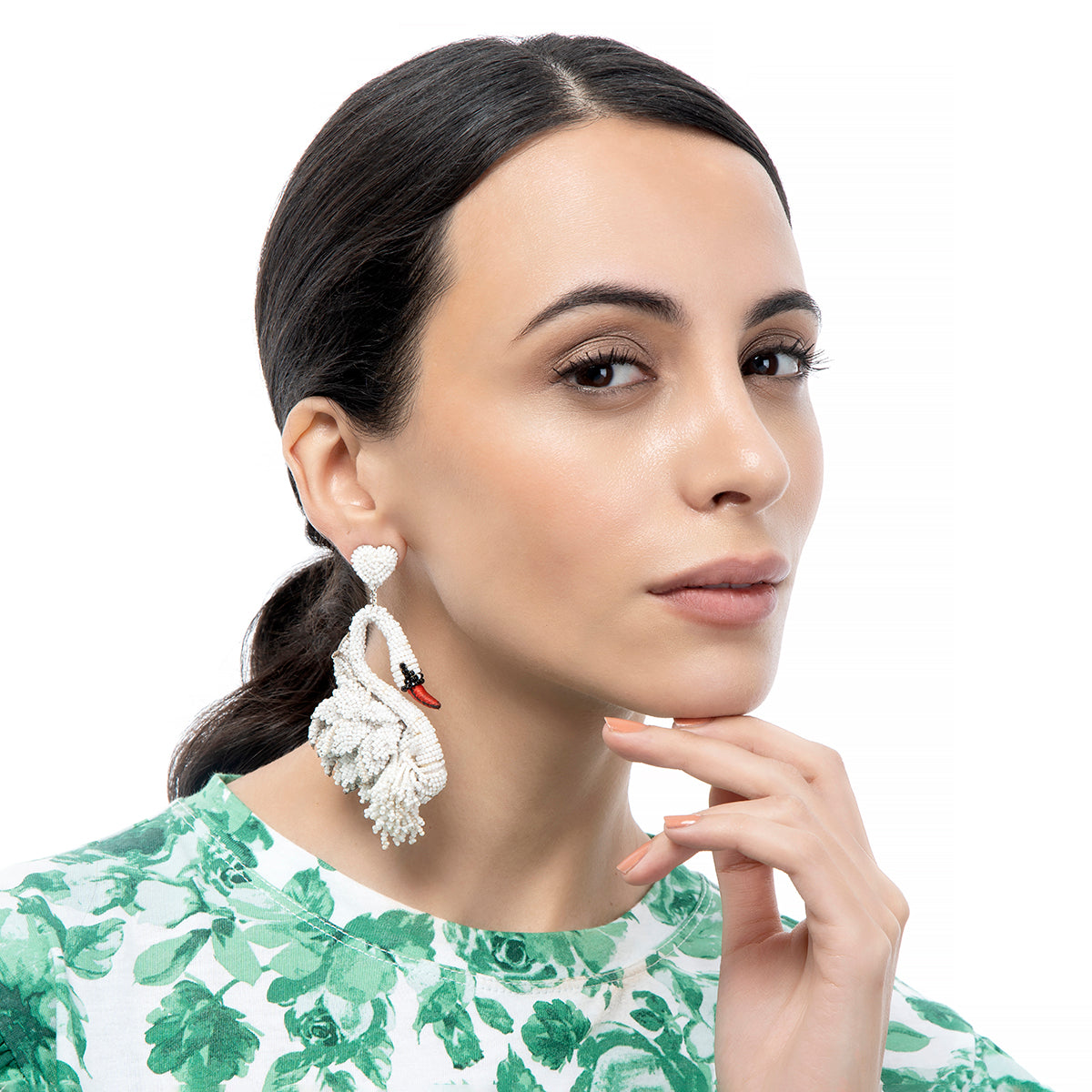 Beautiful hand embroidered swan earrings worn by model