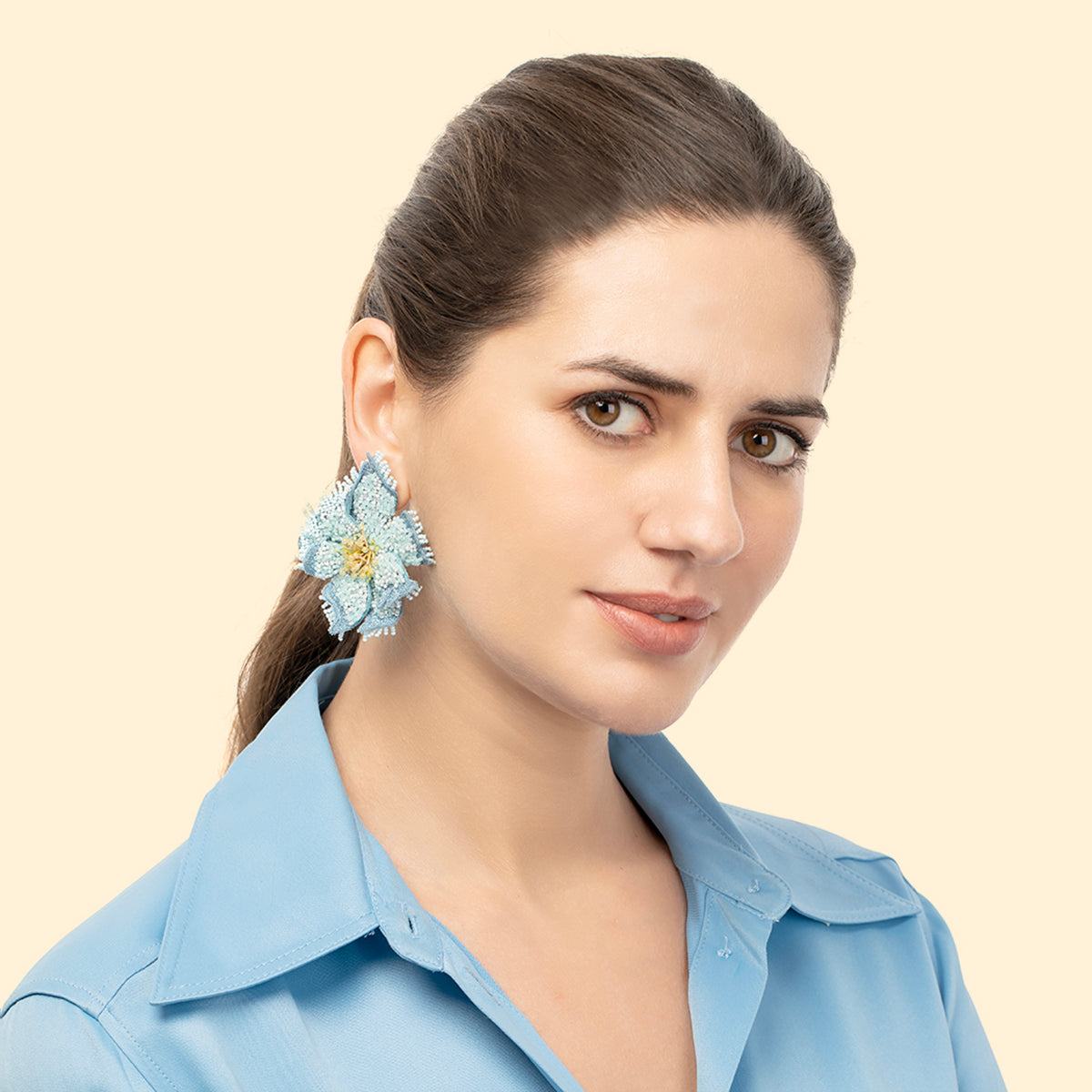 Model wearing handmade luxury Azealia Earrings