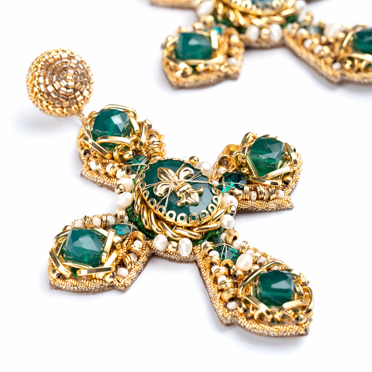 Detail of Deepa Gurnani Teresa Earrings in Emerald color