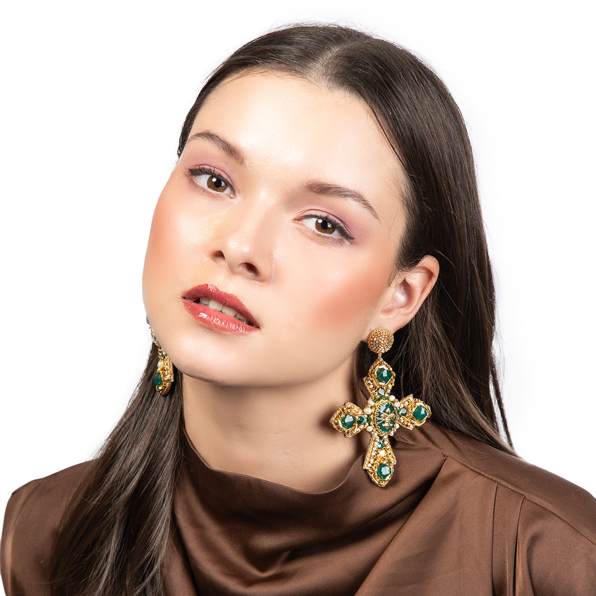 Model wearing Deepa Gurnani Teresa Earrings in Emerald color