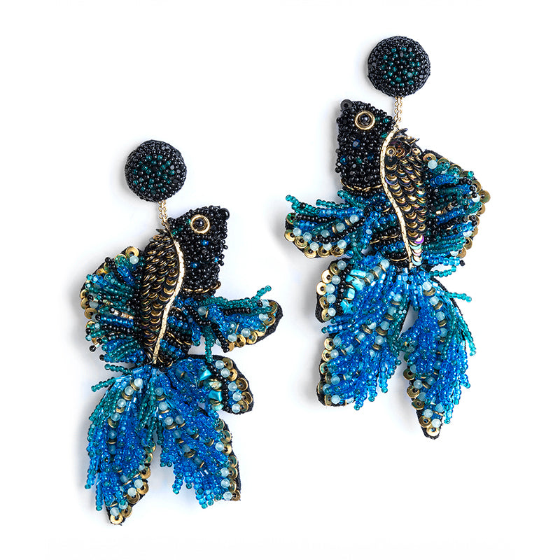 Deepa Gurnani handmade the Guppy earrings in blue color.