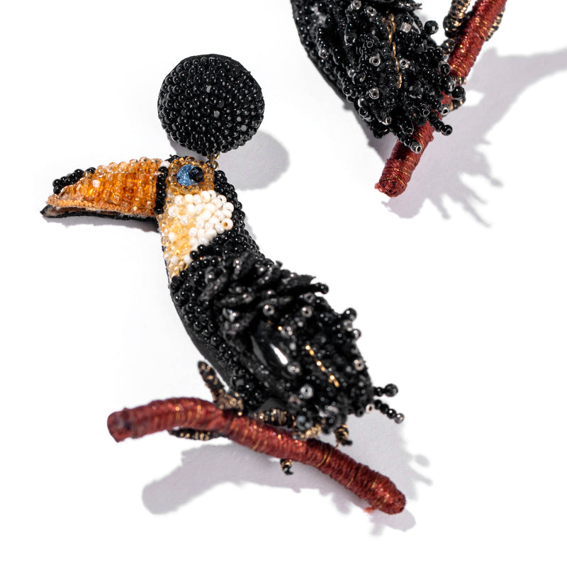 Detail of Deepa Gurnani handmade the Toucan earrings in Black color.