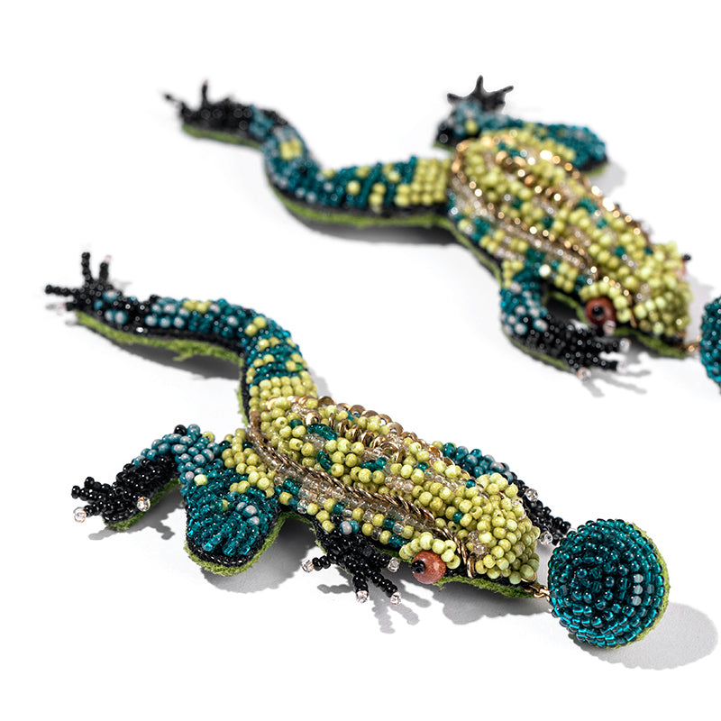 Detail of Deepa Gurnani handmade Frog Earrings in Green color