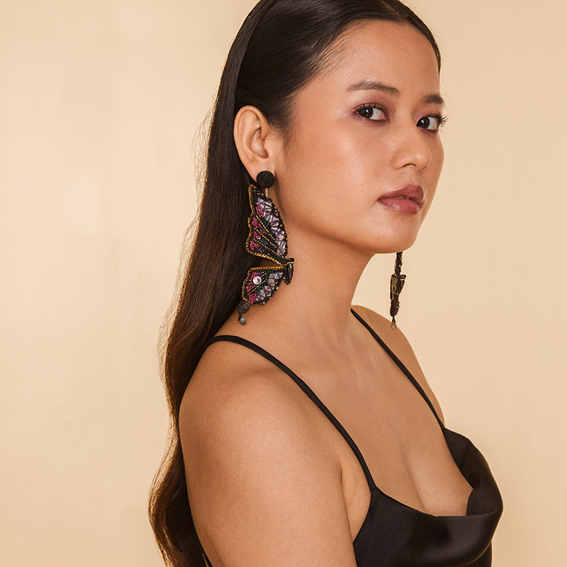 Model wearing Deepa Gurnani Handmade Arcadia Earrings in Black color