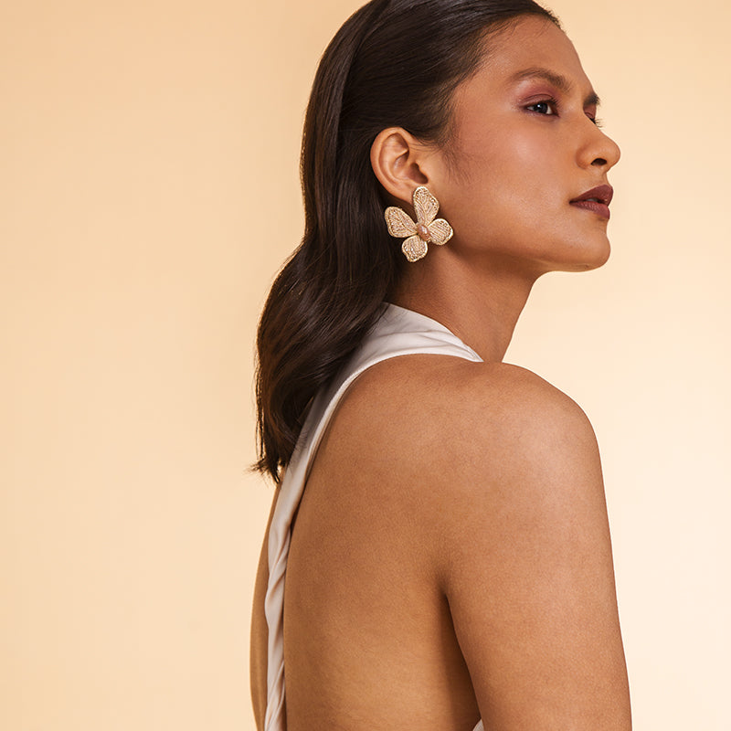 Model wearing Deepa Gurnani Handmade Abel Earrings in Beige color