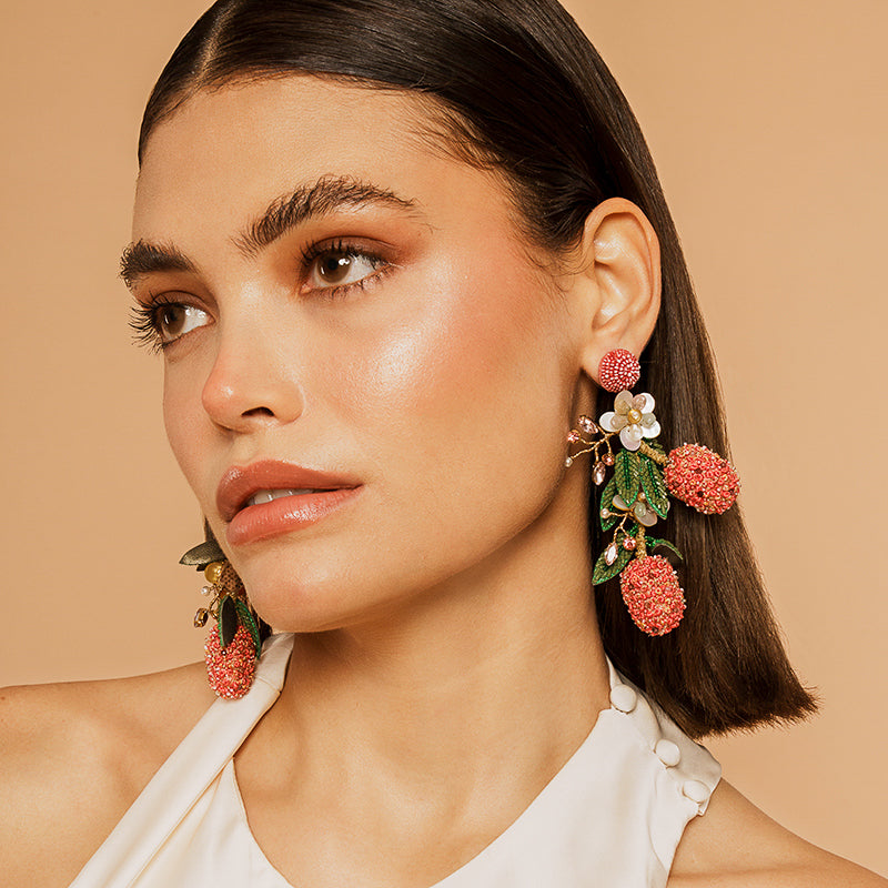 Model Wearing Deepa Gurnani handmade Lychee Earrings in Pink color