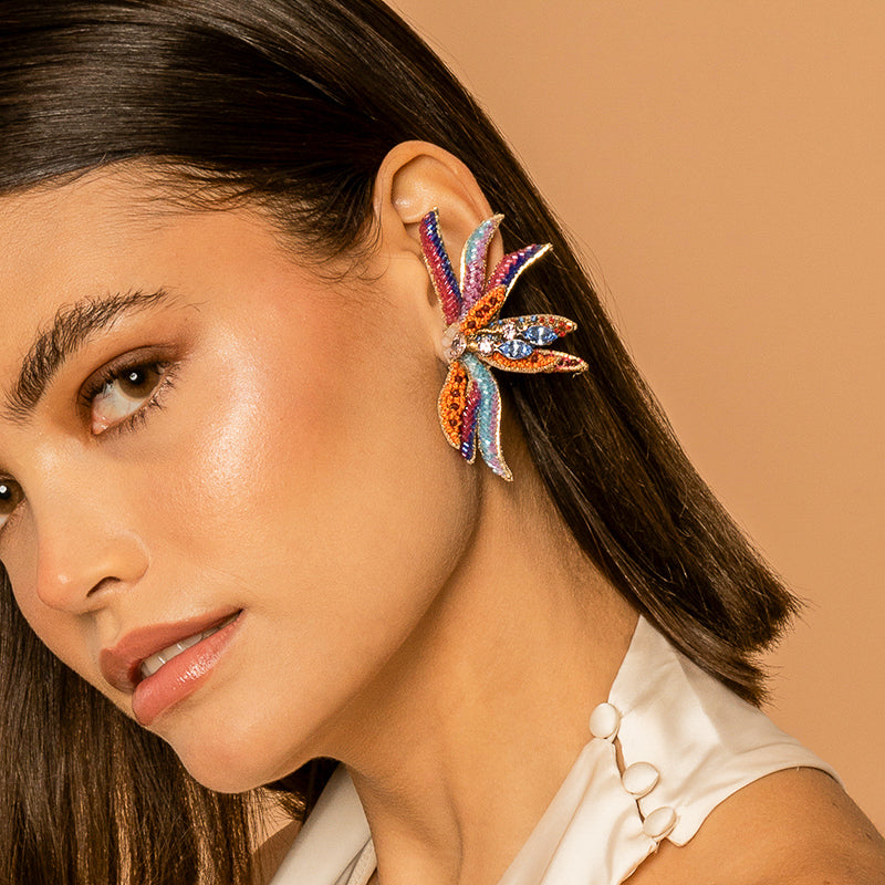 Model Wearing Deepa Gurnani handmade Paradise Earrings in Multi color