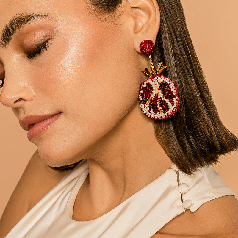 Model Wearing Deepa Gurnani handmade Pomegranate Earrings in Red color