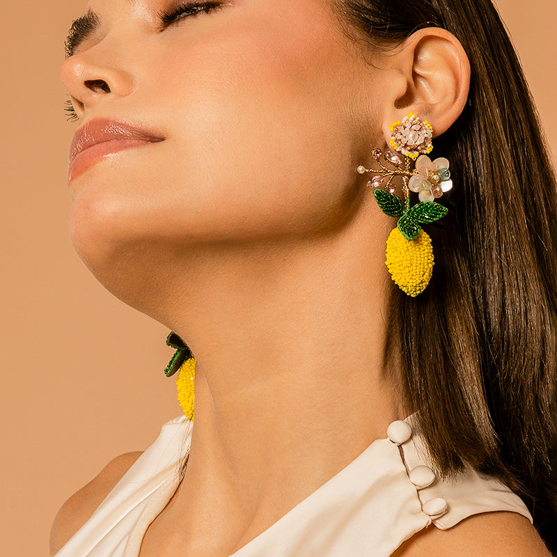 Model Wearing Deepa Gurnani handmade Lemon Earrings in Yellow color