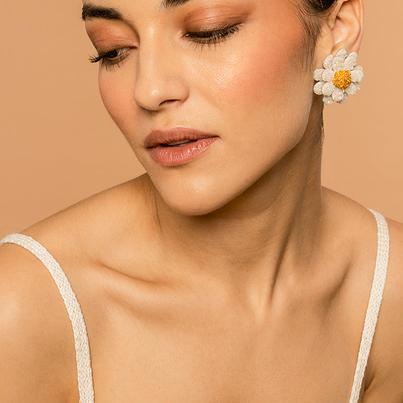 Model Wearing Deepa Gurnani handmade Daisies Earrings in White color