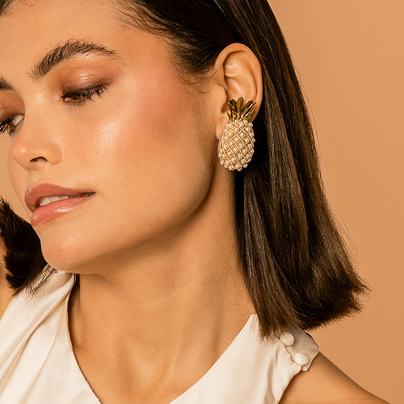 Model Wearing Deepa Gurnani handmade Pineapple Earrings in Gold color