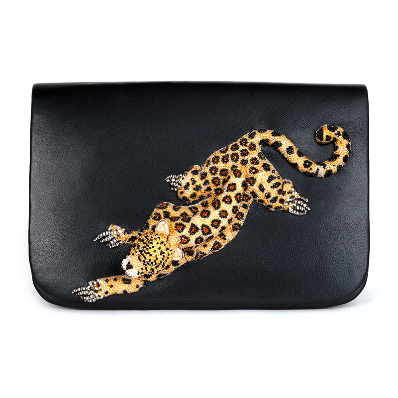 Deepa Gurnani Handmade Leopard clutch in Black color