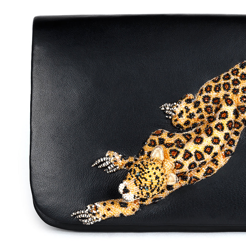 Detail Of Deepa Gurnani Handmade Leopard clutch in Black color