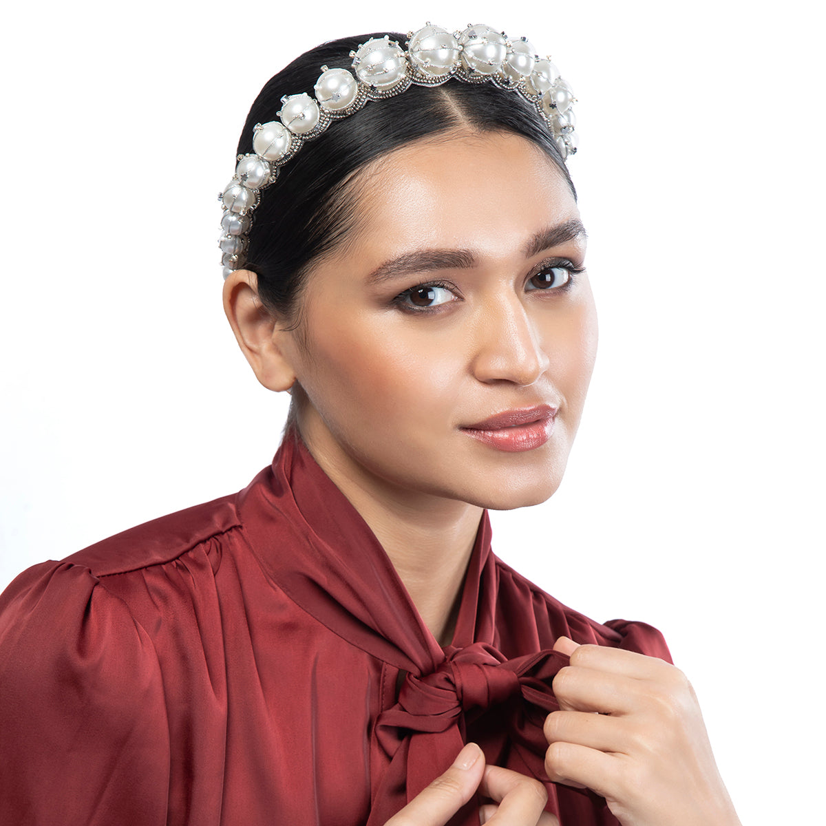 Model wearing Deepa by Deepa Gurnani Handmade Czar Headband in Silver color