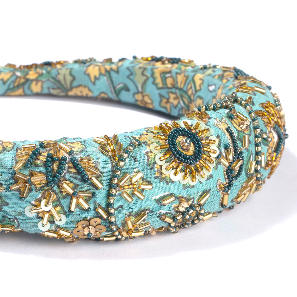 Printed floral padded headband with glass beads 