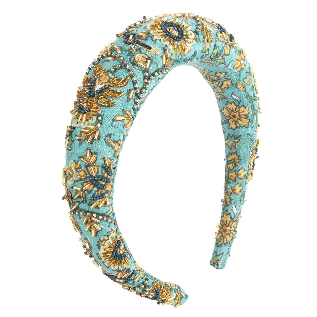 Printed floral padded headband with glass beads