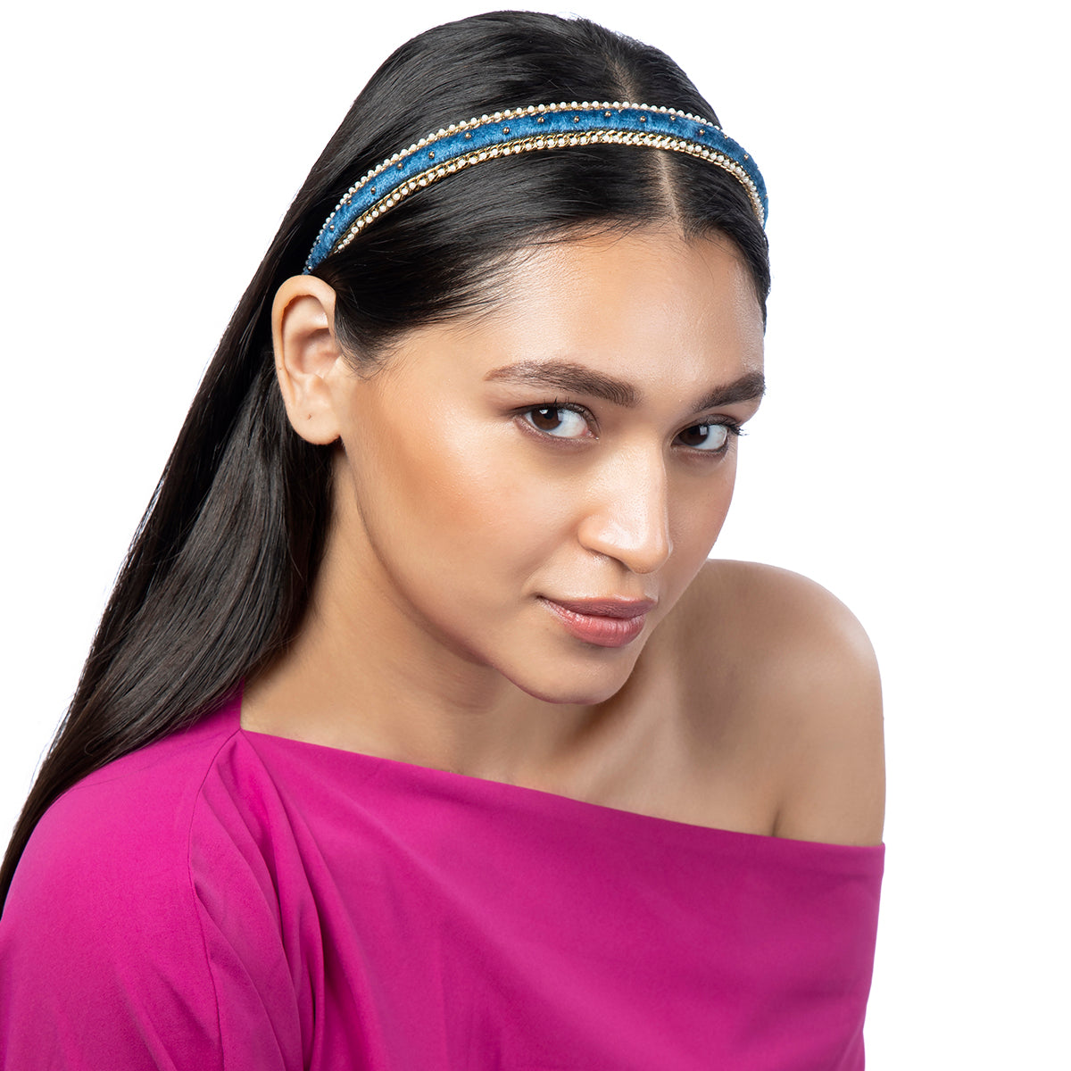 Model wearing Deepa by Deepa Gurnani Handmade Imogen Headband in Blue color