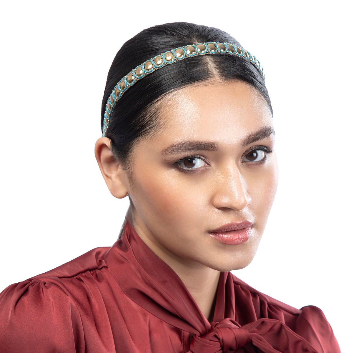 Model wearing Deepa by Deepa Gurnani Handmade Kayomi Headband in Teal color