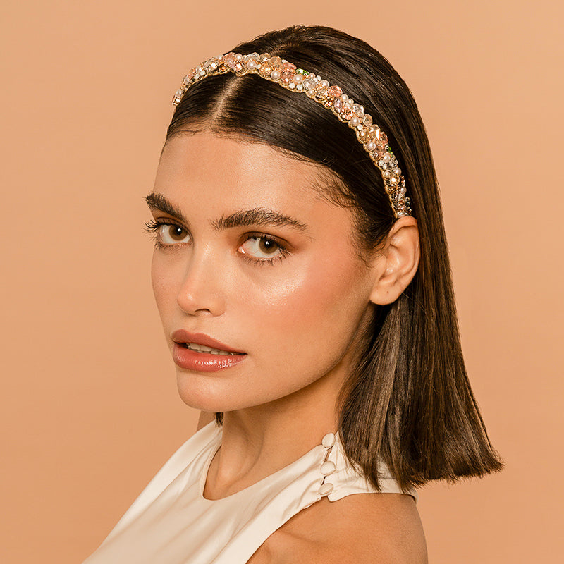 Model Wearing Deepa by Deepa Gurnani Handmade Somar Headband in Multi color