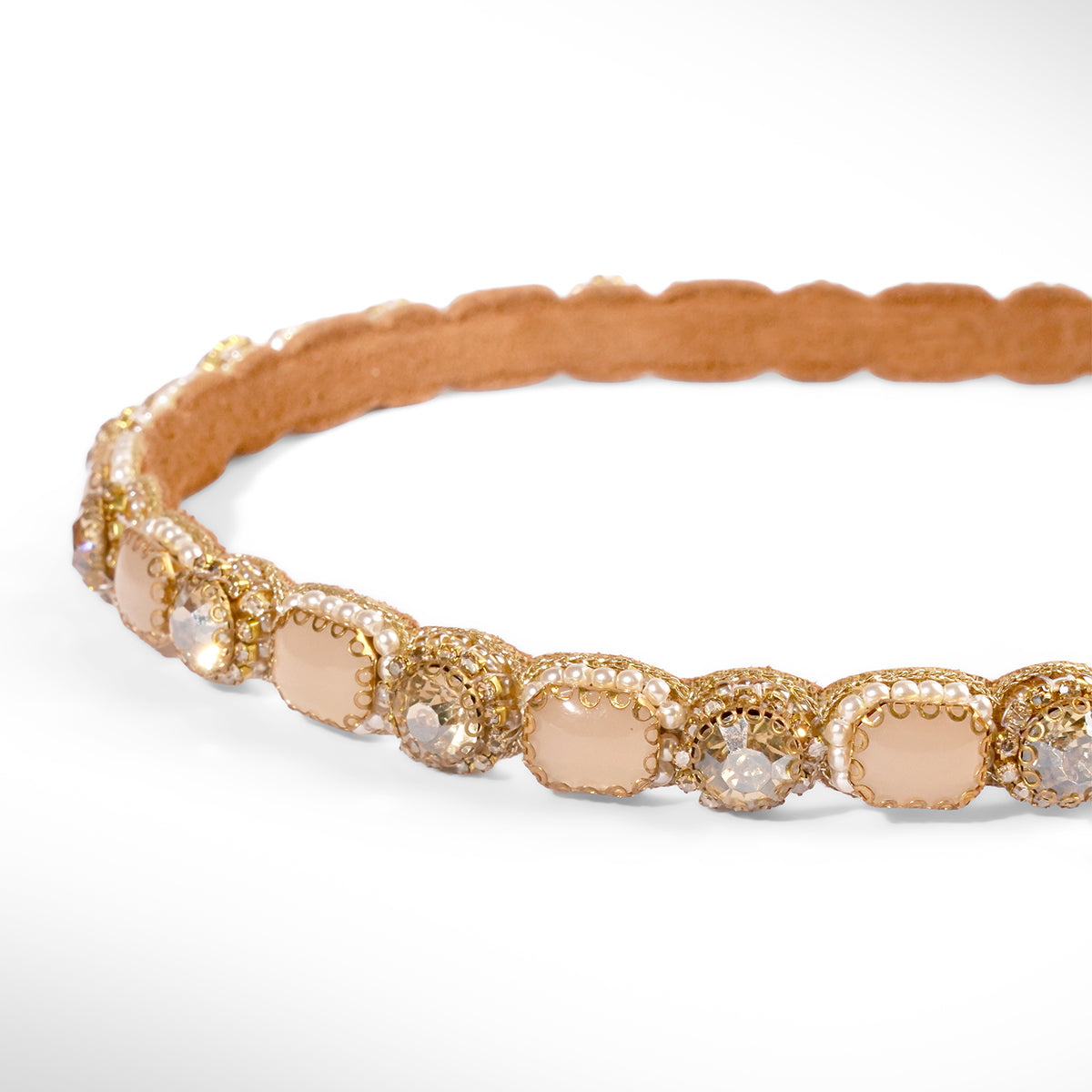 Close up of Deepa Gurnani Pret Benois Headband in champagne color