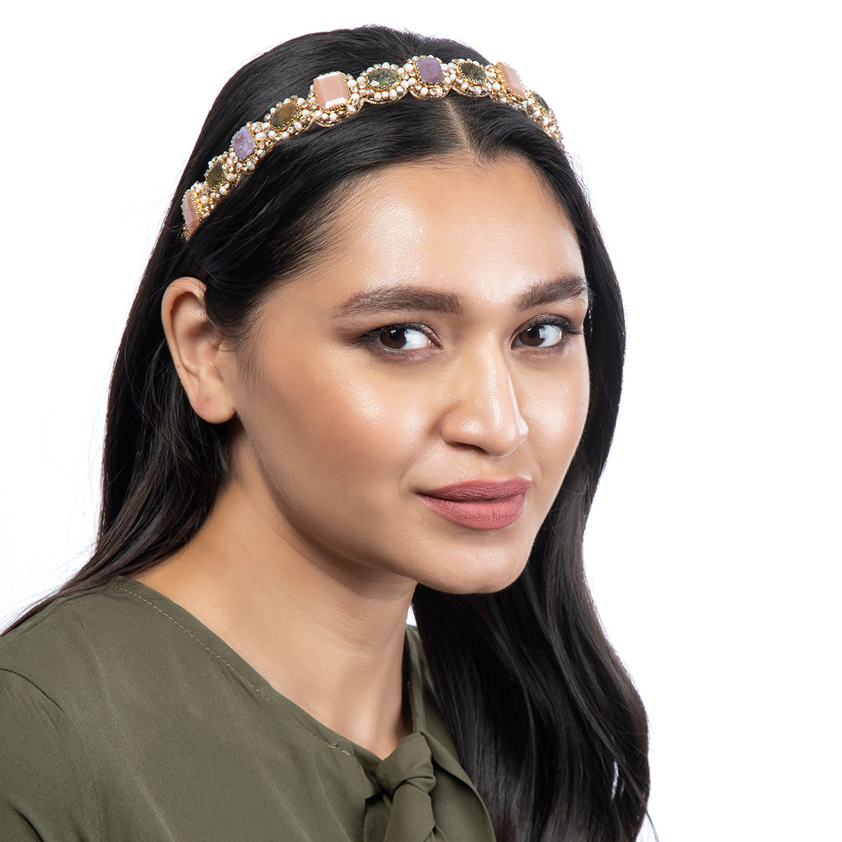 Model wearing Deepa Gurnani Charlene Headband in Multi color