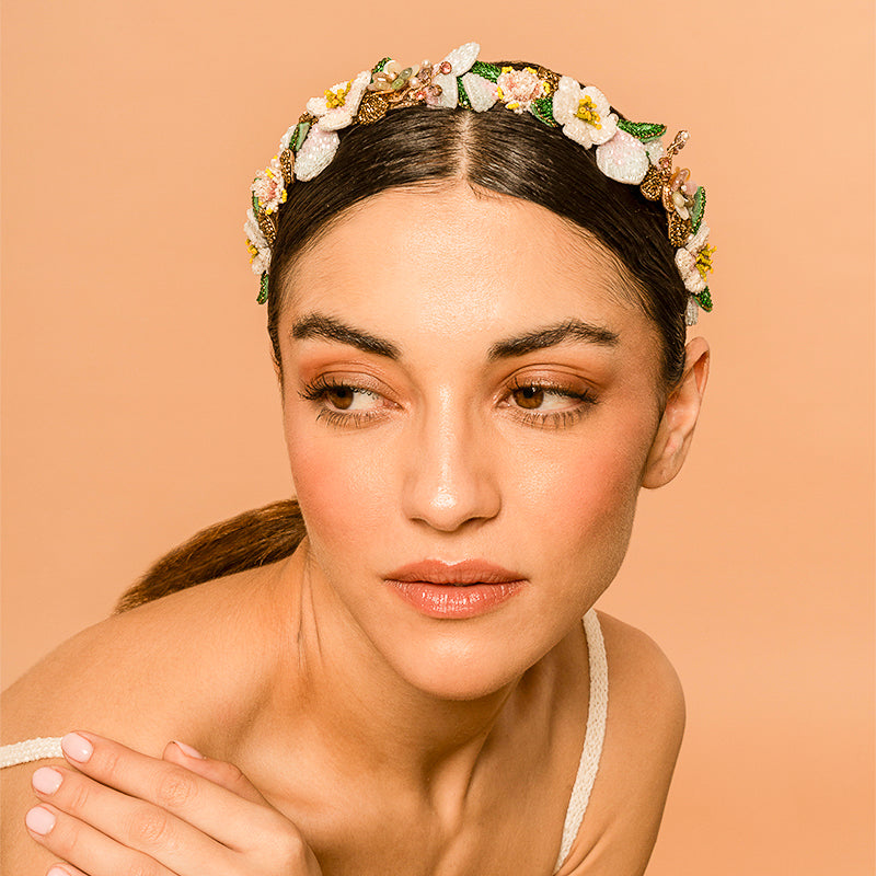 Model Wearing Deepa Gurnani handmade Botanica Headband in Yellow color