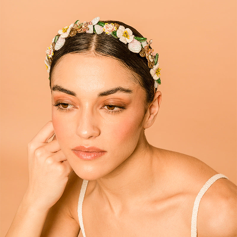 Model Wearing Deepa Gurnani handmade Botanica Headband in Yellow color