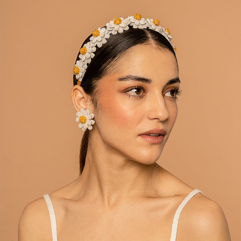 Model Wearing Deepa Gurnani handmade Daisies Headband in White color