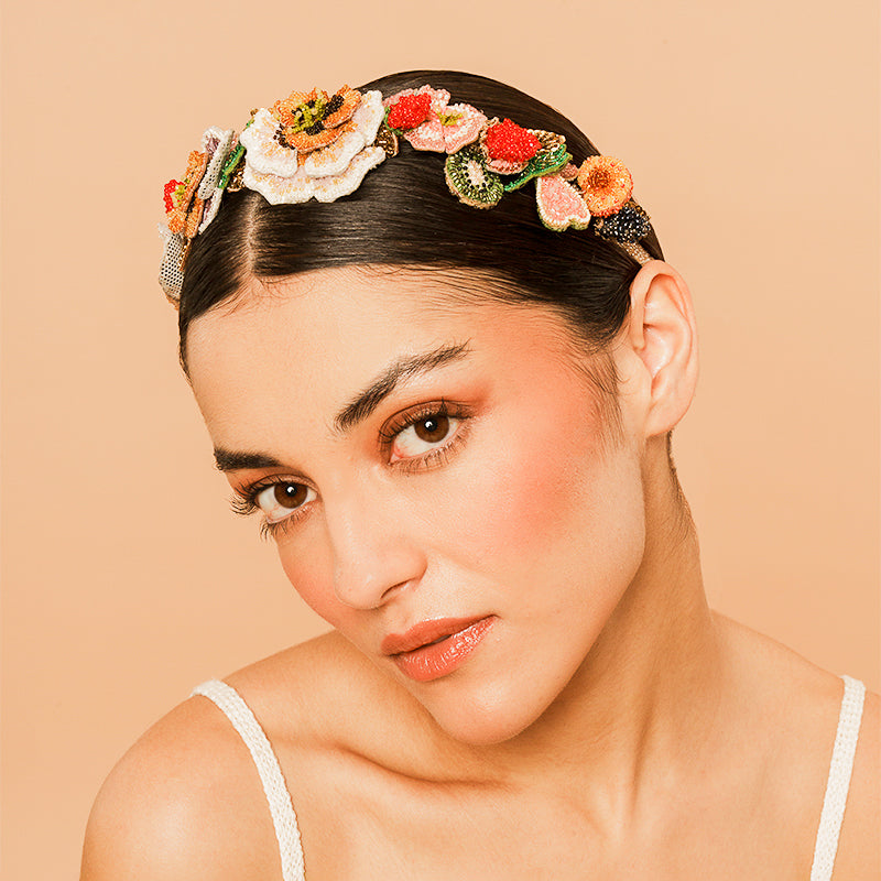 Model Wearing Deepa Gurnani handmade Tropical Headband in Multi color