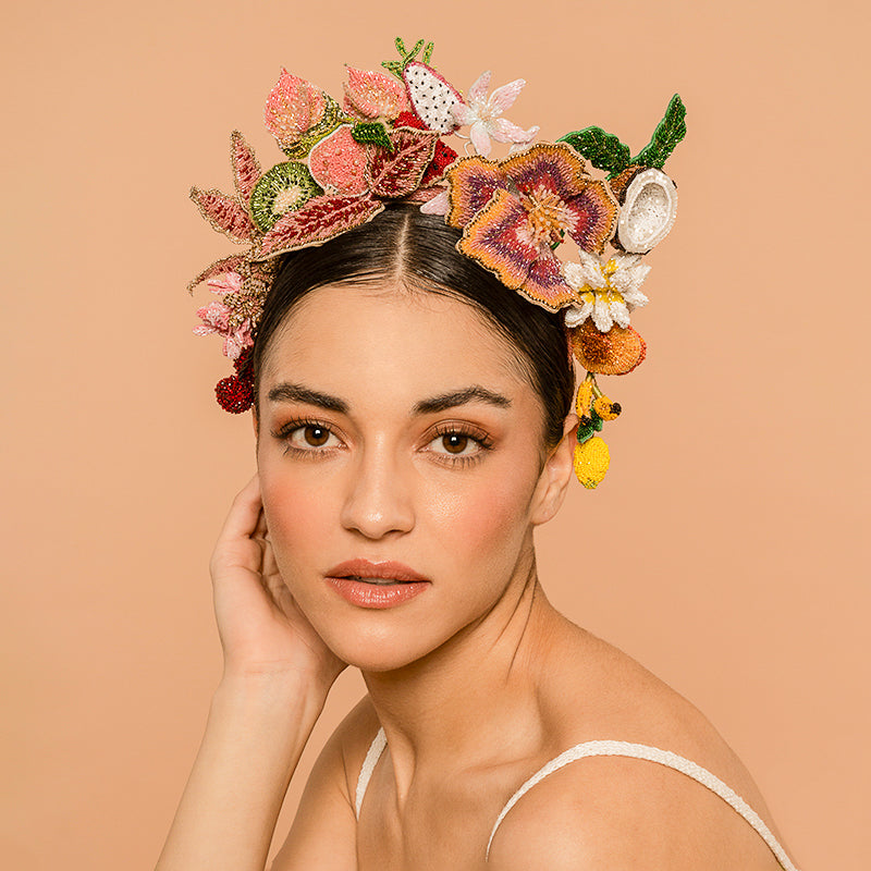 Model Wearing Deepa Gurnani handmade Delicacy Headband in Multi color