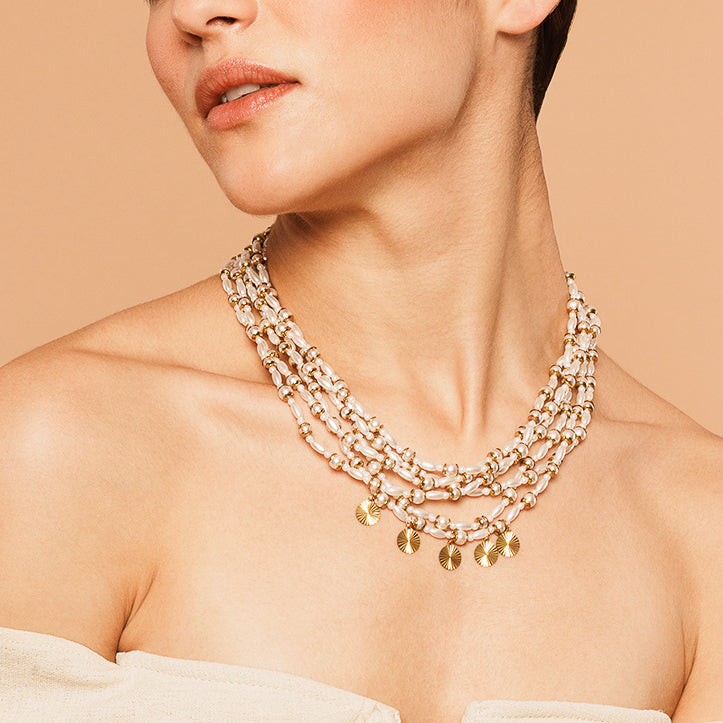 Model Wearing Deepa by Deepa Gurnani Handmade Saravia Necklace in Ivory color