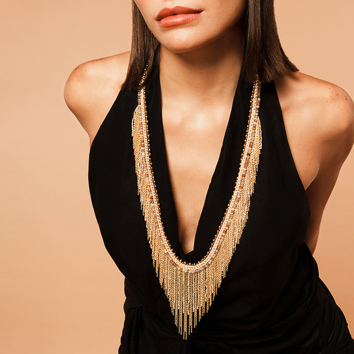 Model Wearing Deepa Gurnani handmade Inka Necklace in Gold color