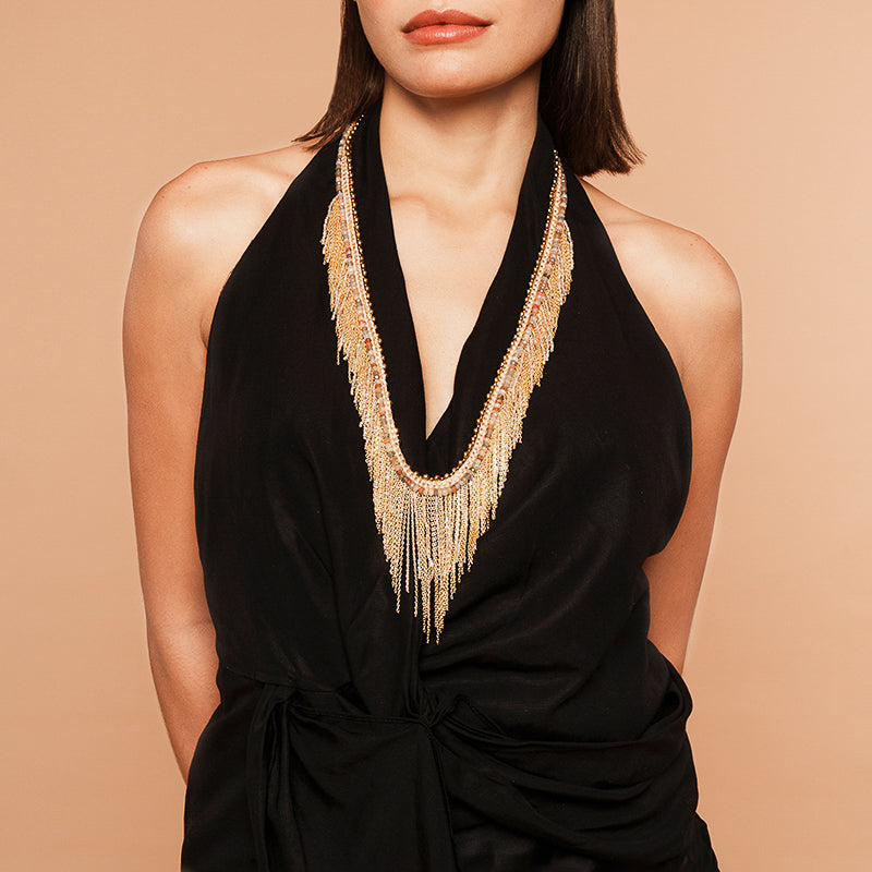 Model Wearing Deepa Gurnani handmade Inka Necklace in Gold color