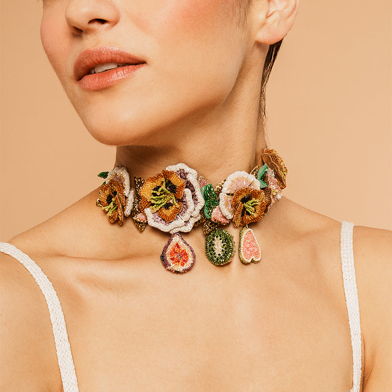 Model Wearing Deepa Gurnani handmade Tropical Choker in Multi color