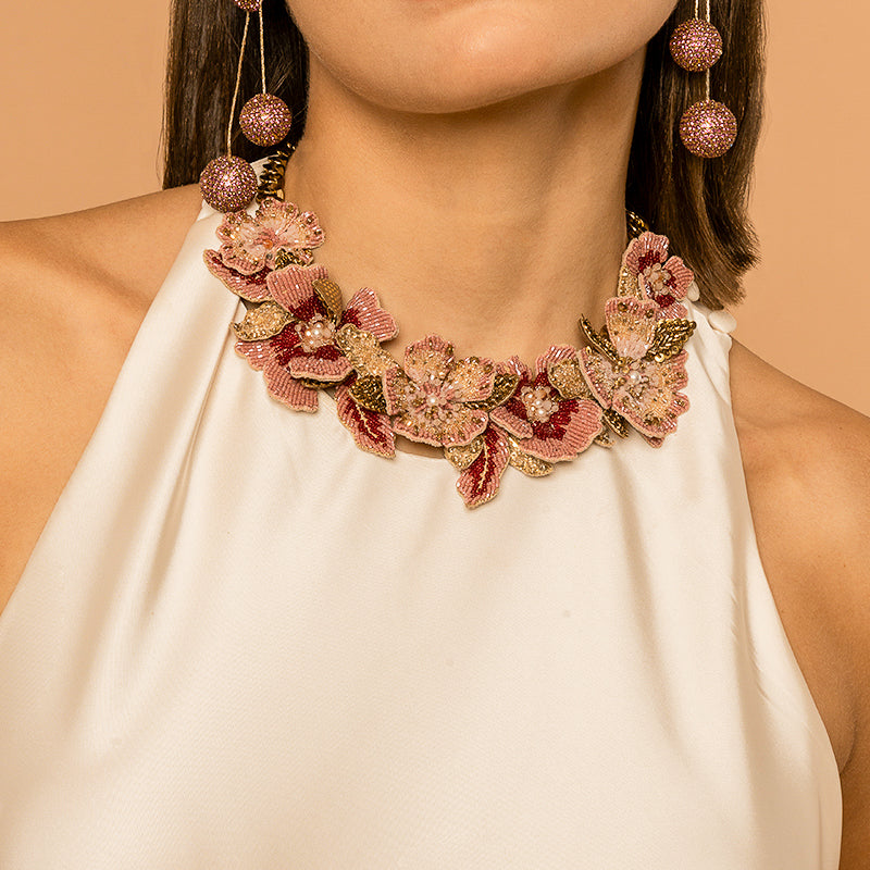 Model Wearing Deepa Gurnani handmade Exotica Necklace in Pink color