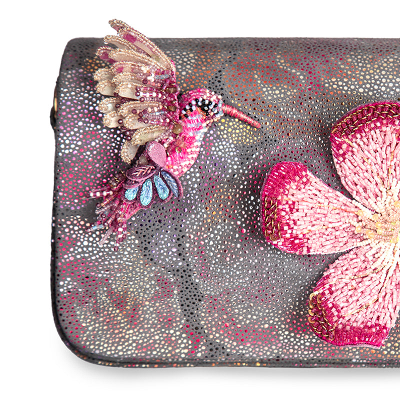 Detail Of Deepa Gurnani Hummingbird clutch in pink color