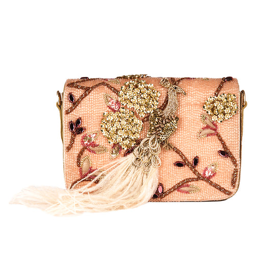 Deepa Gurnani Handmade Peacock Clutch in Peach color