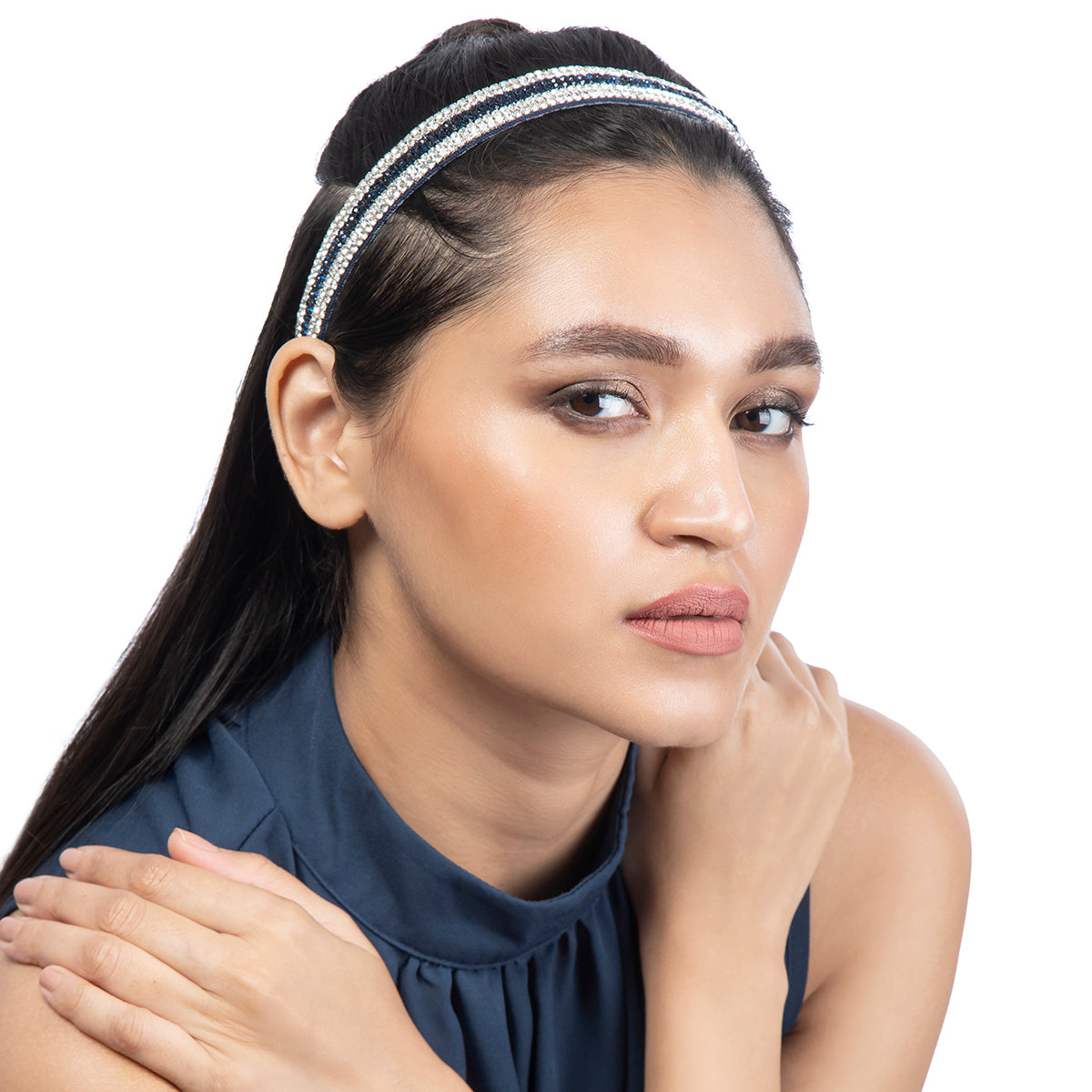 Model wearing Deepa by Deepa Gurnani Handmade Daniella Headband in Sapphire color