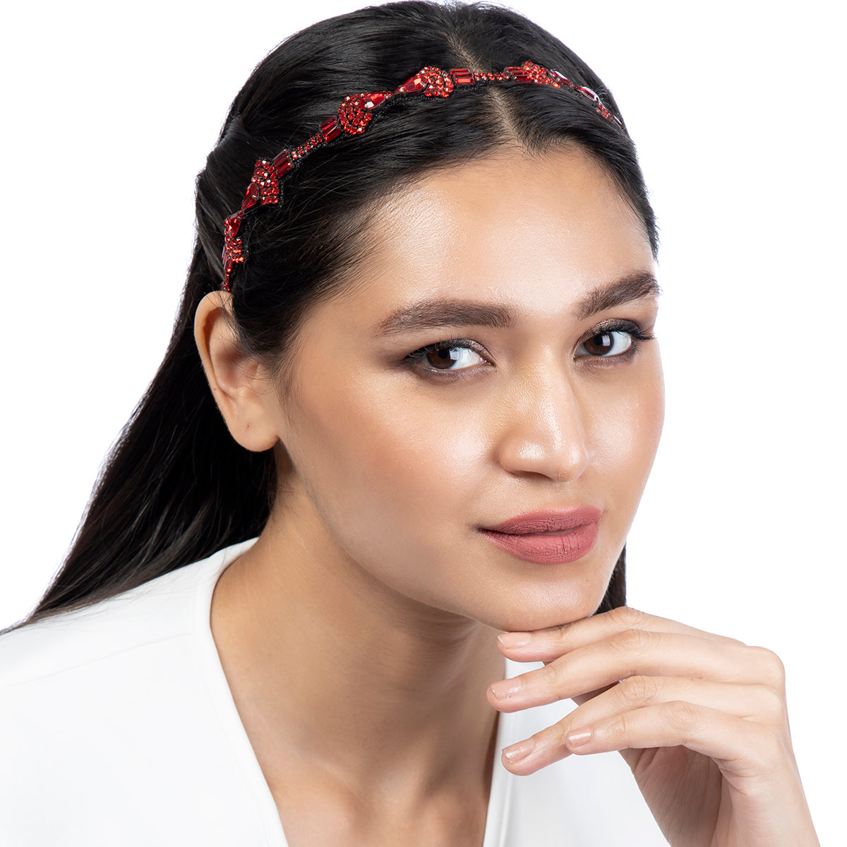 Model wearing Deepa by Deepa Gurnani Handmade Drusilla Headband in Red color