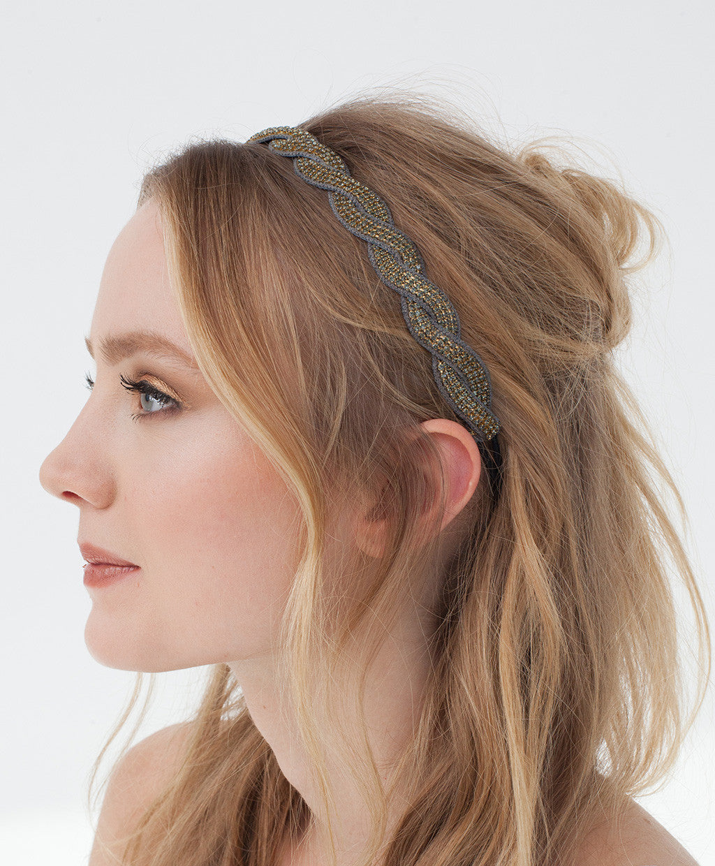 Model Wearing Deepa by Deepa Gurnani Handmade Ashley Headband in Gunmetal