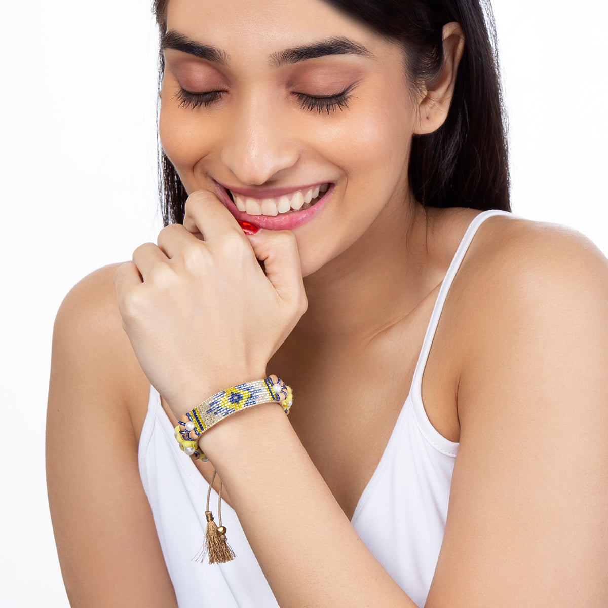 Model Wearing our Hand Embroidered Alessia Bracelet in Yellow