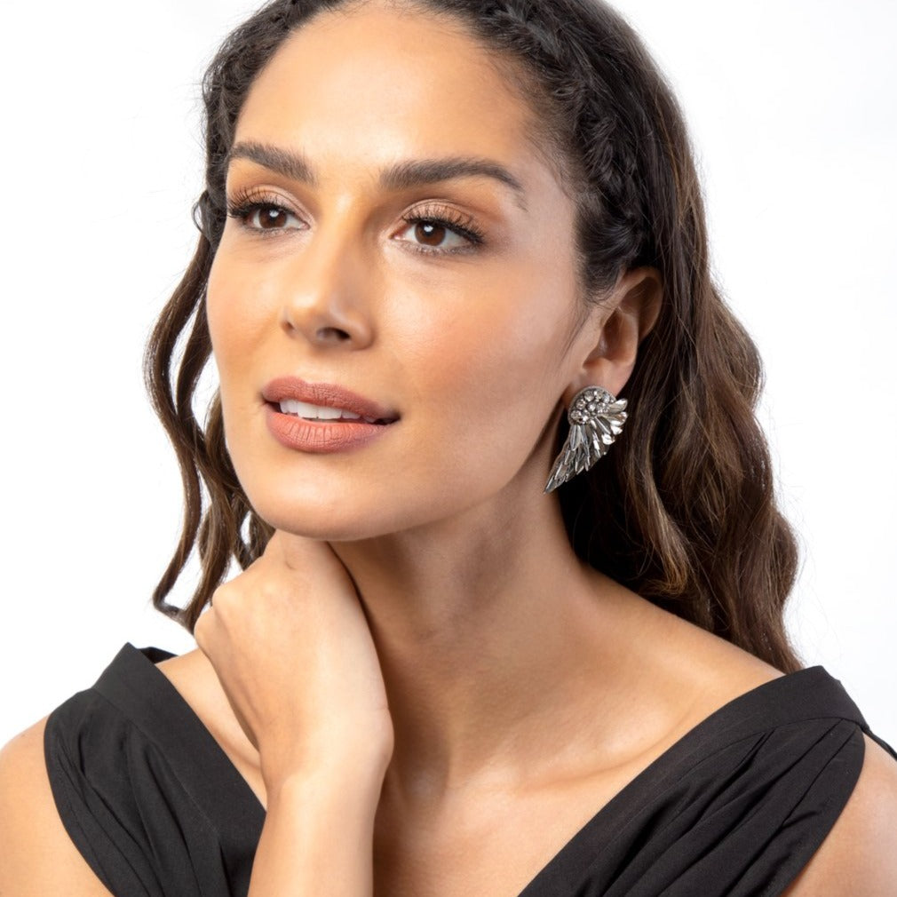 Model wearing Deepa By Deepa Gurnani Perry Earrings silver Color