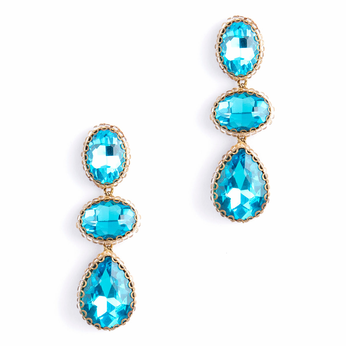 Aqua three crystal handmade post earrings