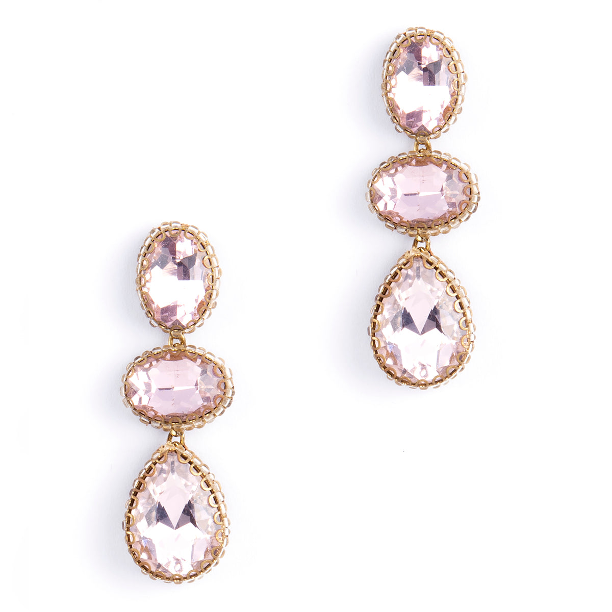 Baby pink three crystal handmade post earrings