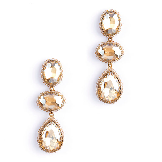 Gold three crystal handmade post earrings